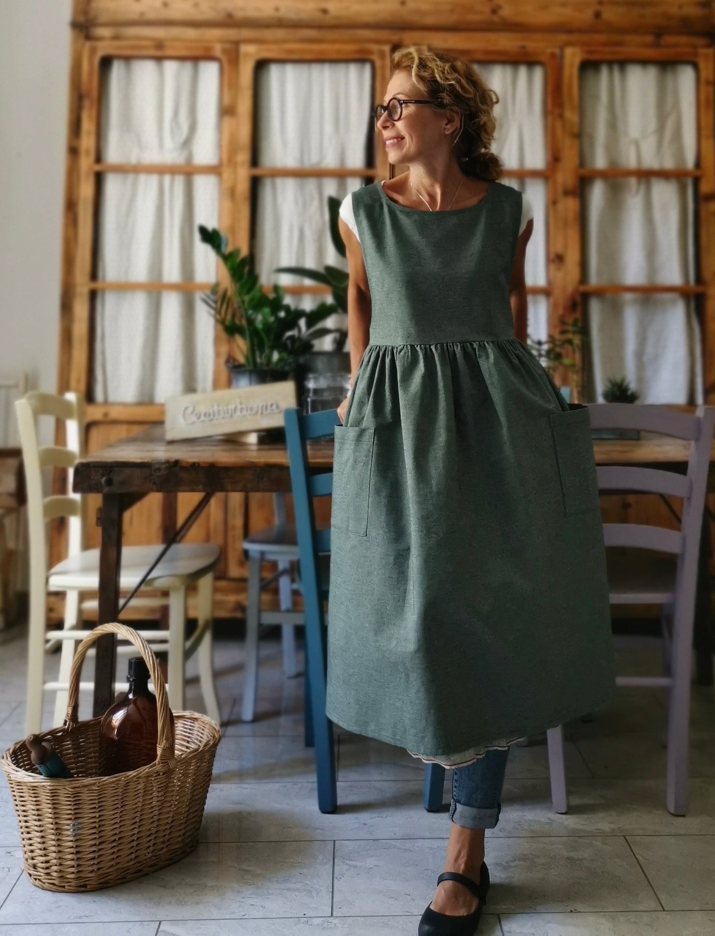 Réservé au tablier de cuisine en coton vert Cristina Sage