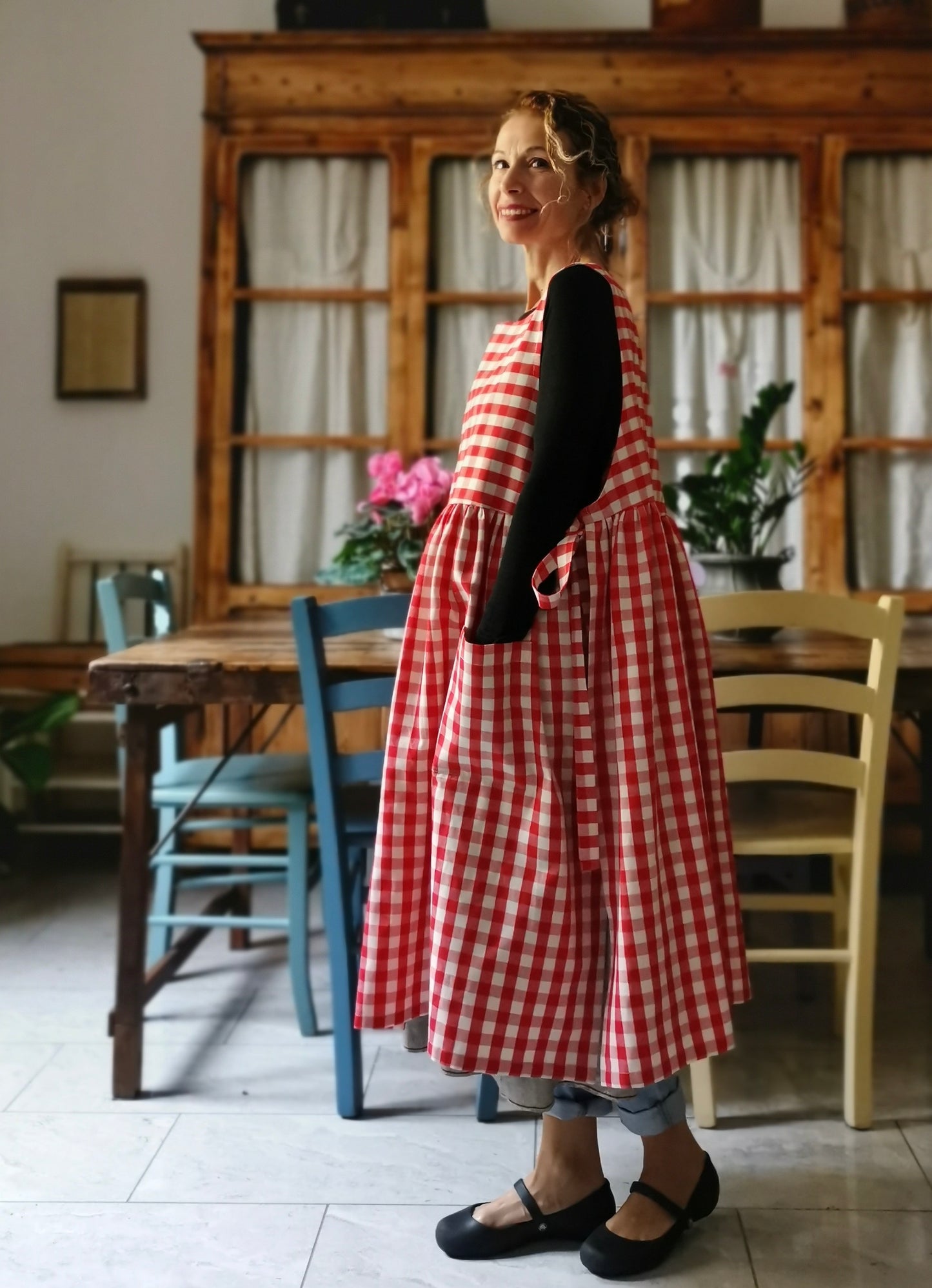 Red Check Cotton Kitchen Apron for Women (Ref. 53)