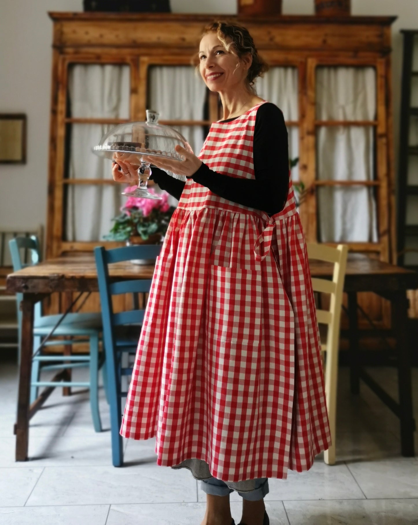 Red Check Cotton Kitchen Apron for Women (Ref. 53)