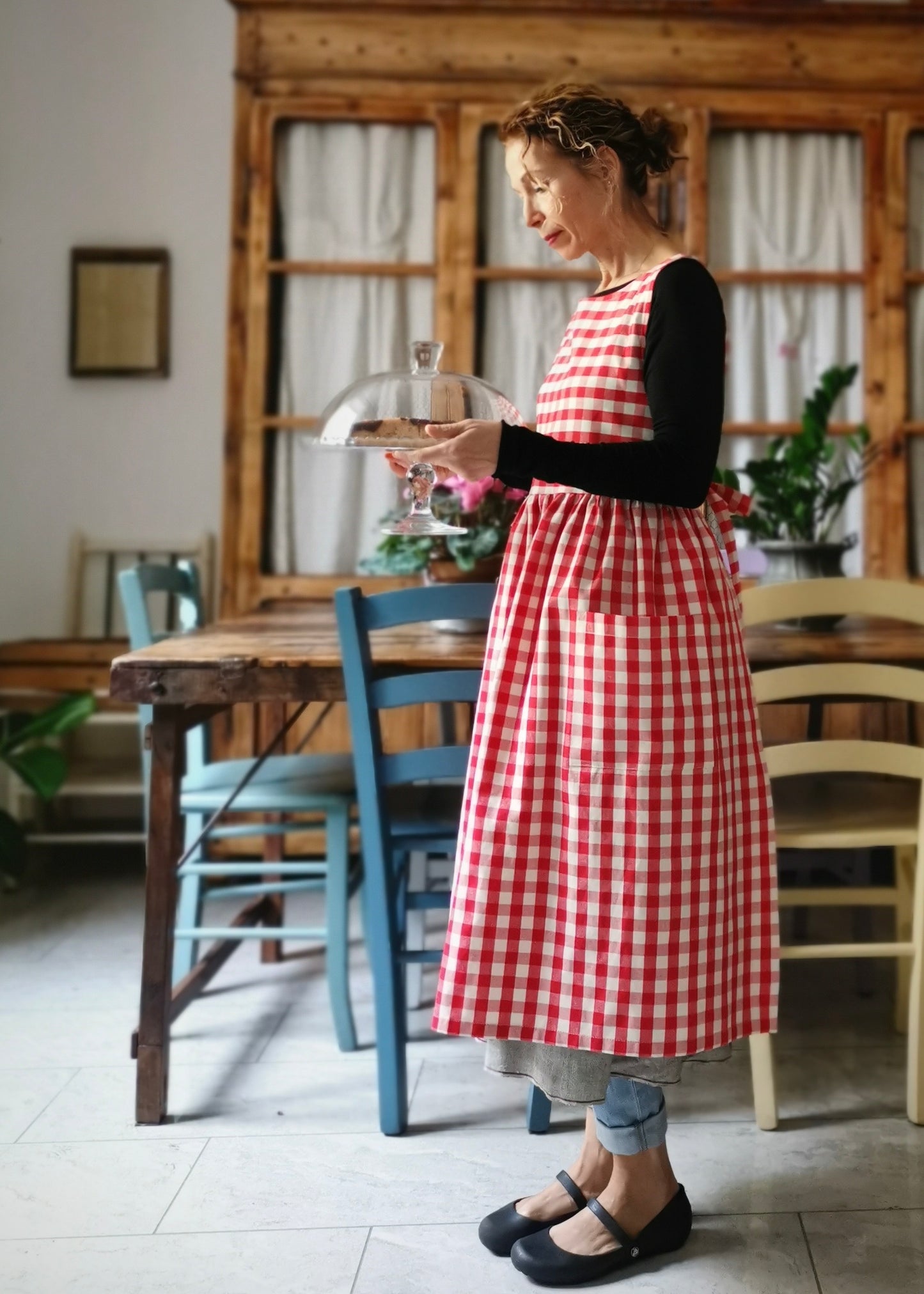 Red Check Cotton Kitchen Apron for Women (Ref. 53)