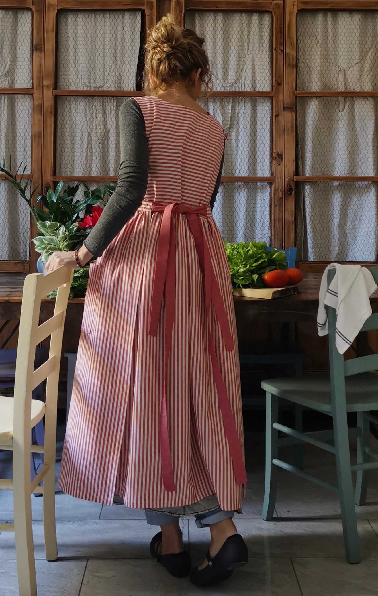 Cherry Red Striped Cotton Kitchen Apron for Women (Ref. 91)