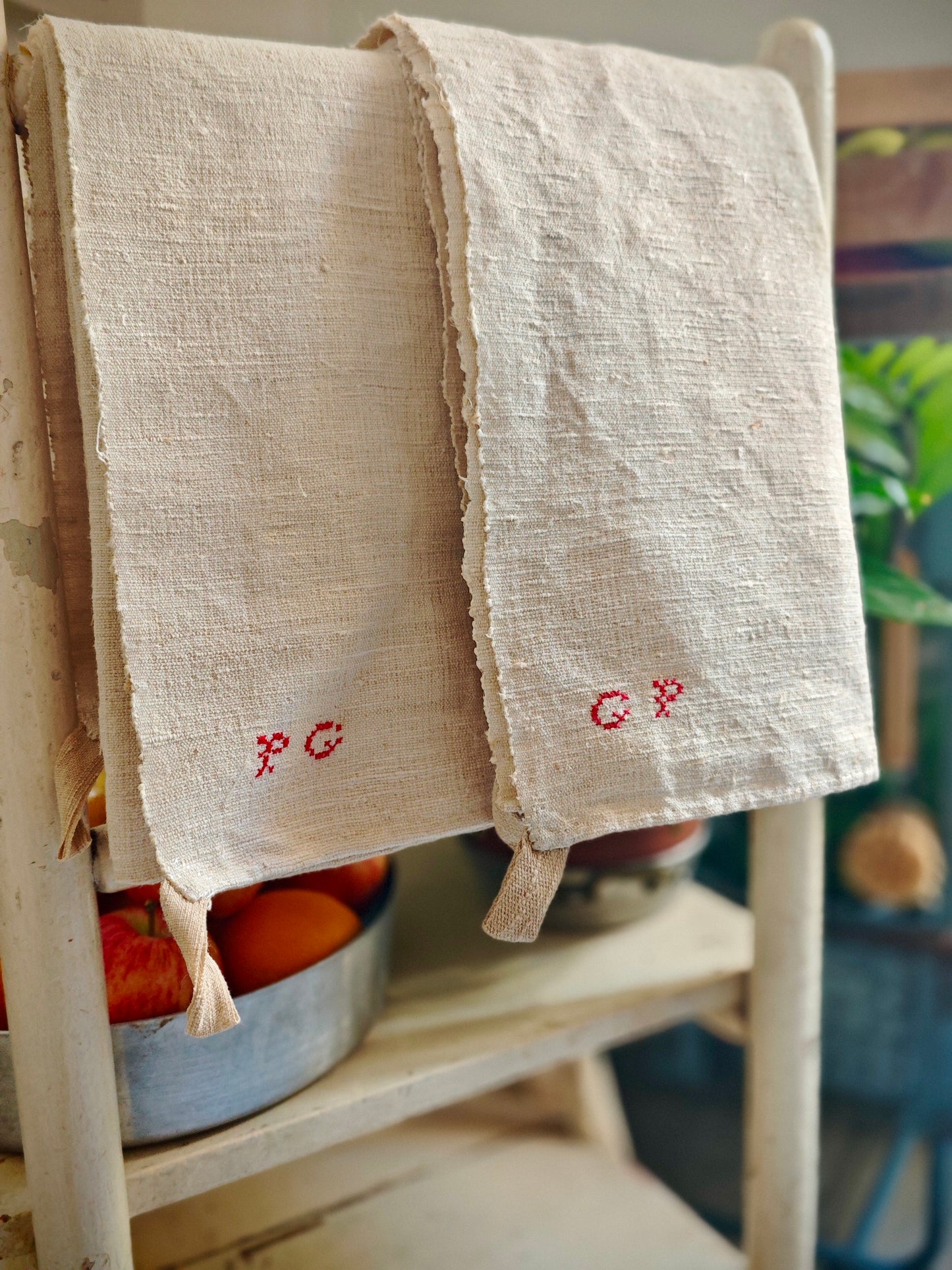 Two hemp tea towels with PG monogram