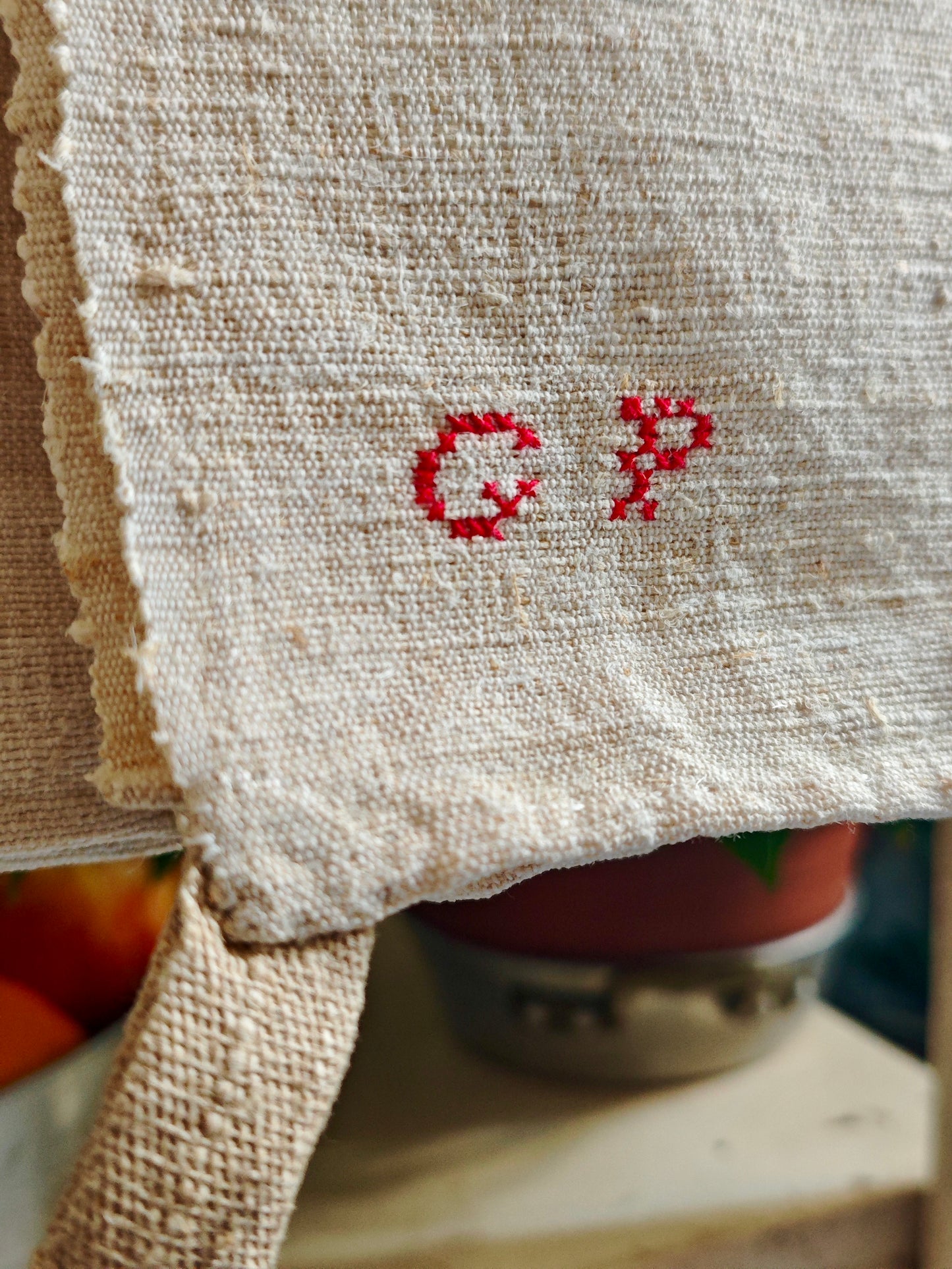 Two hemp tea towels with PG monogram