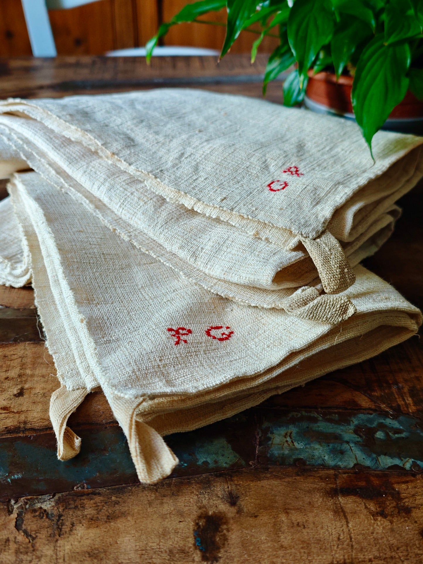 Two hemp tea towels with PG monogram