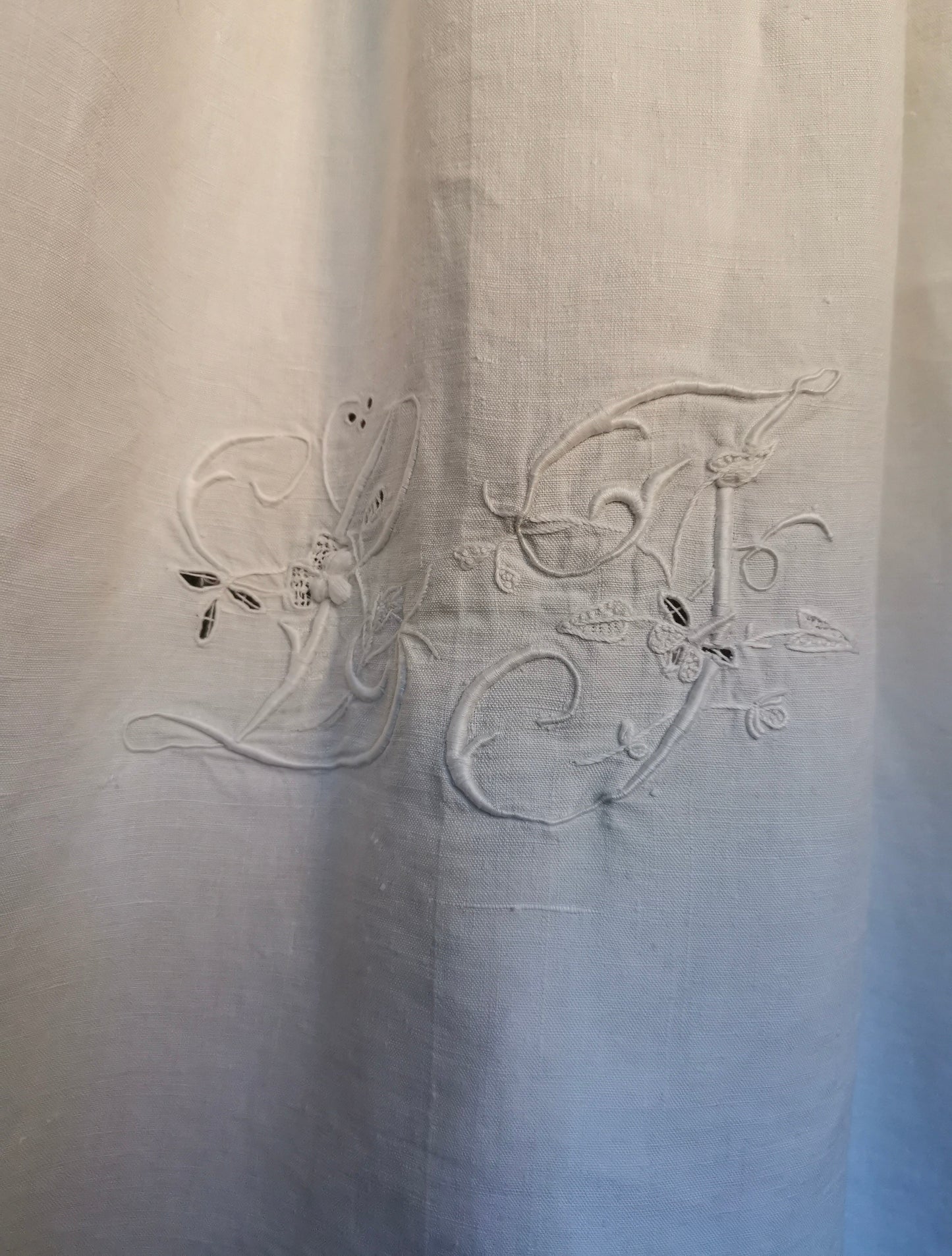 Antique linen apron with lace and monogram