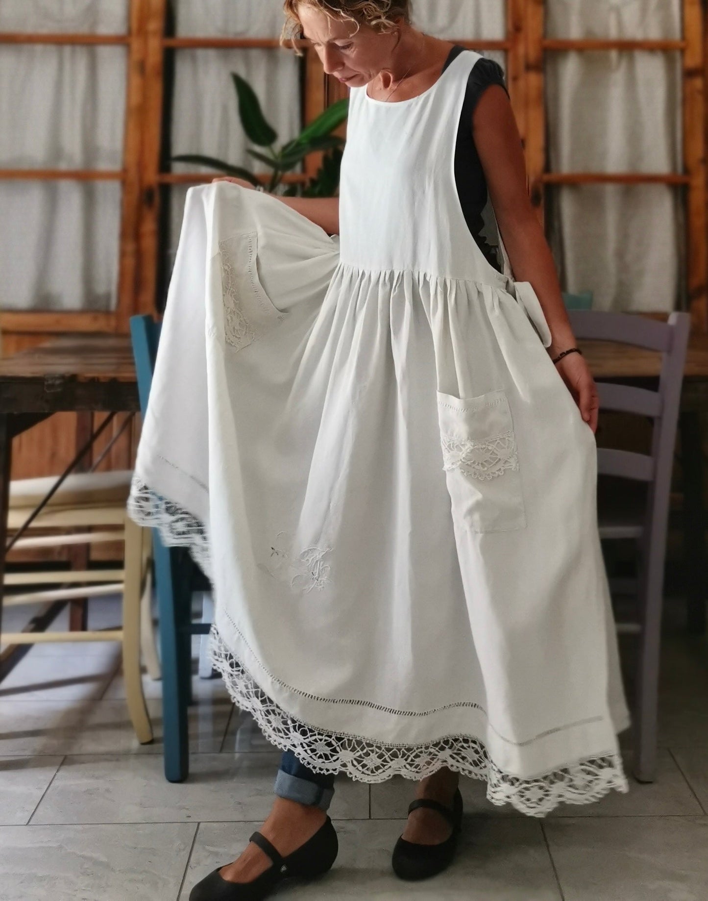 Antique linen apron with lace and monogram