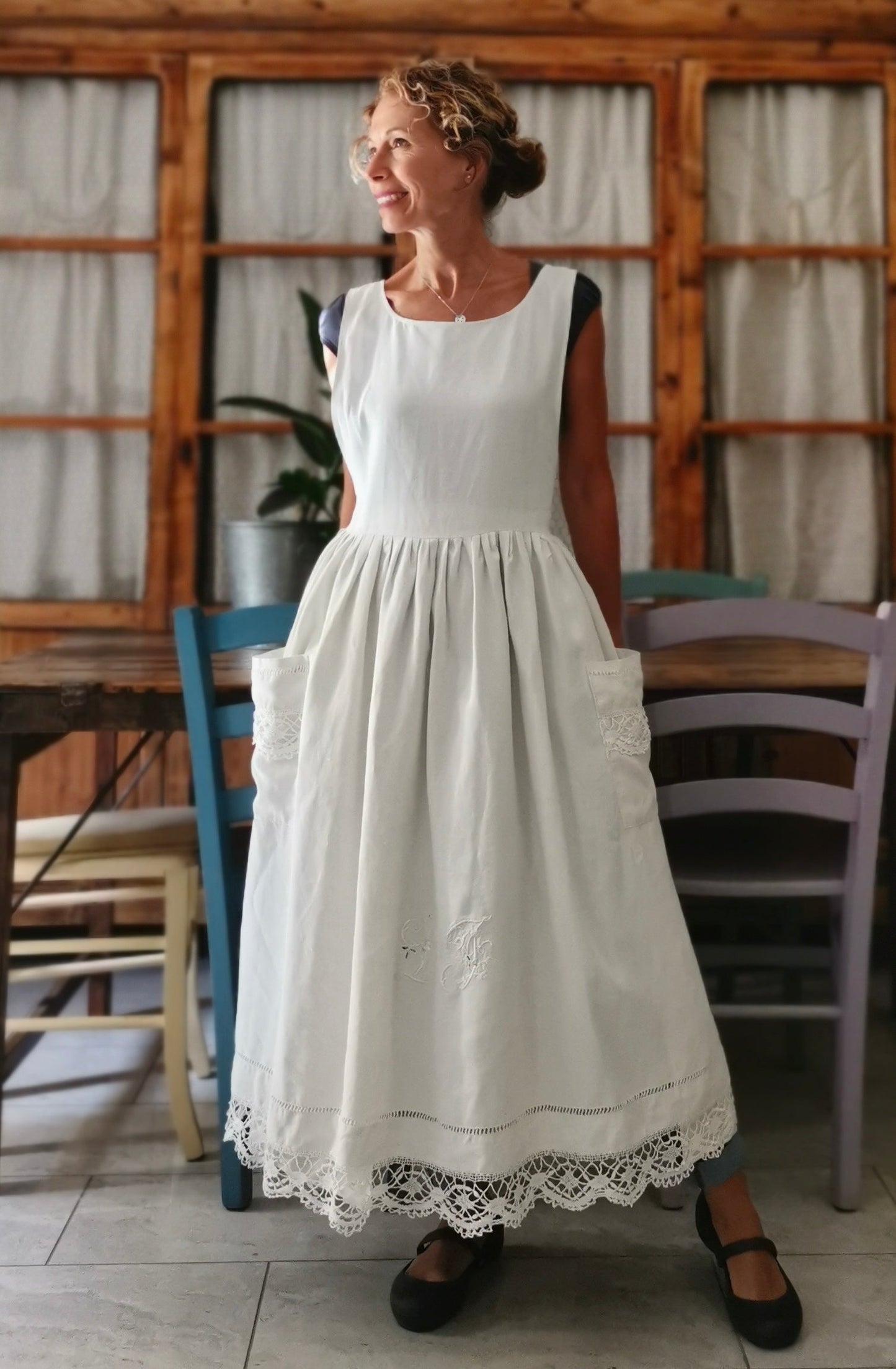 Antique linen apron with lace and monogram