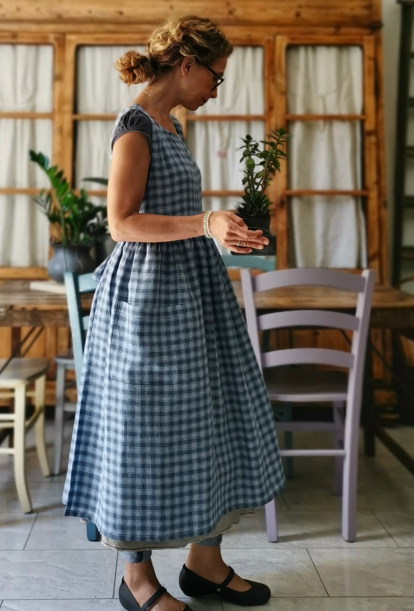 Sky blue and gray tartan linen kitchen apron