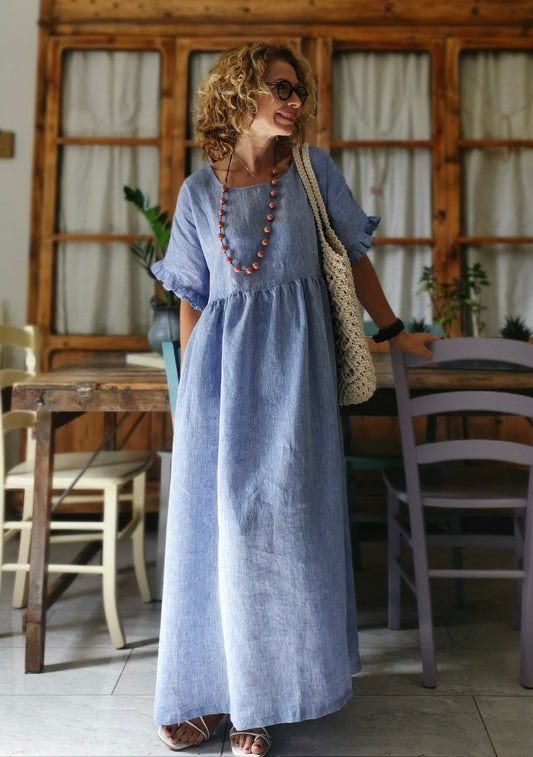 Available for pre-order Light blue linen sleeved dress