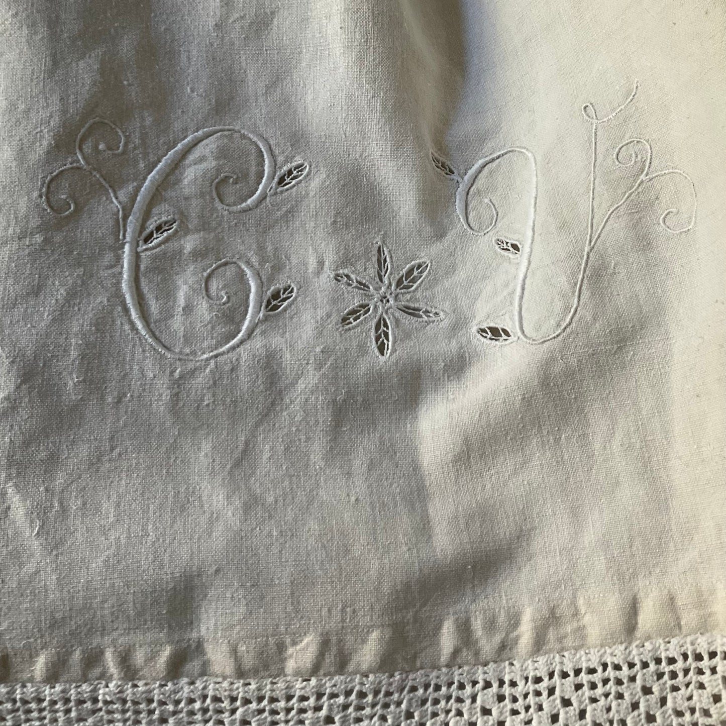 Reserved Antique fabric apron with CV monogram and crochet flounce (Ref. 05)