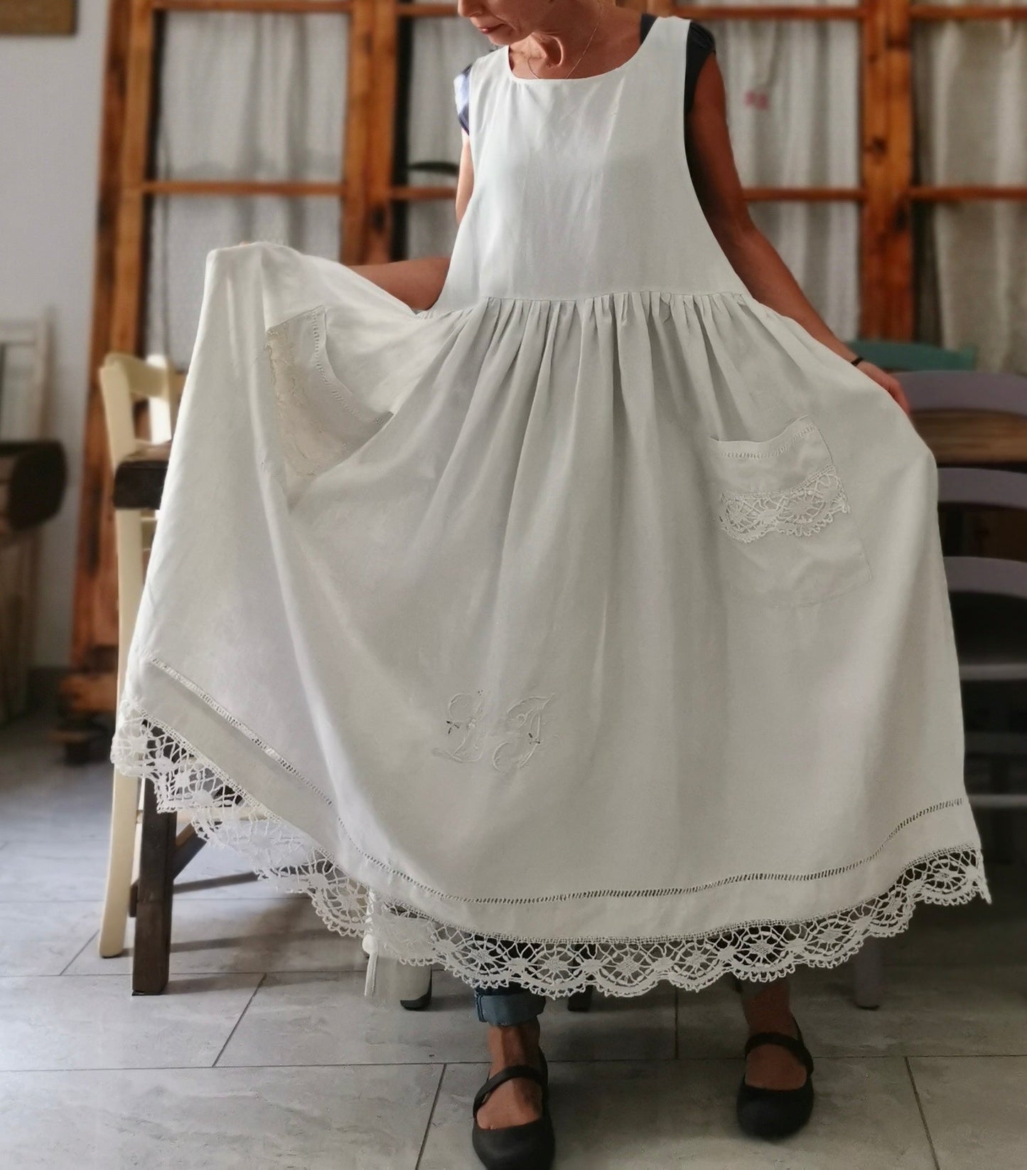 Antique linen apron with lace and monogram