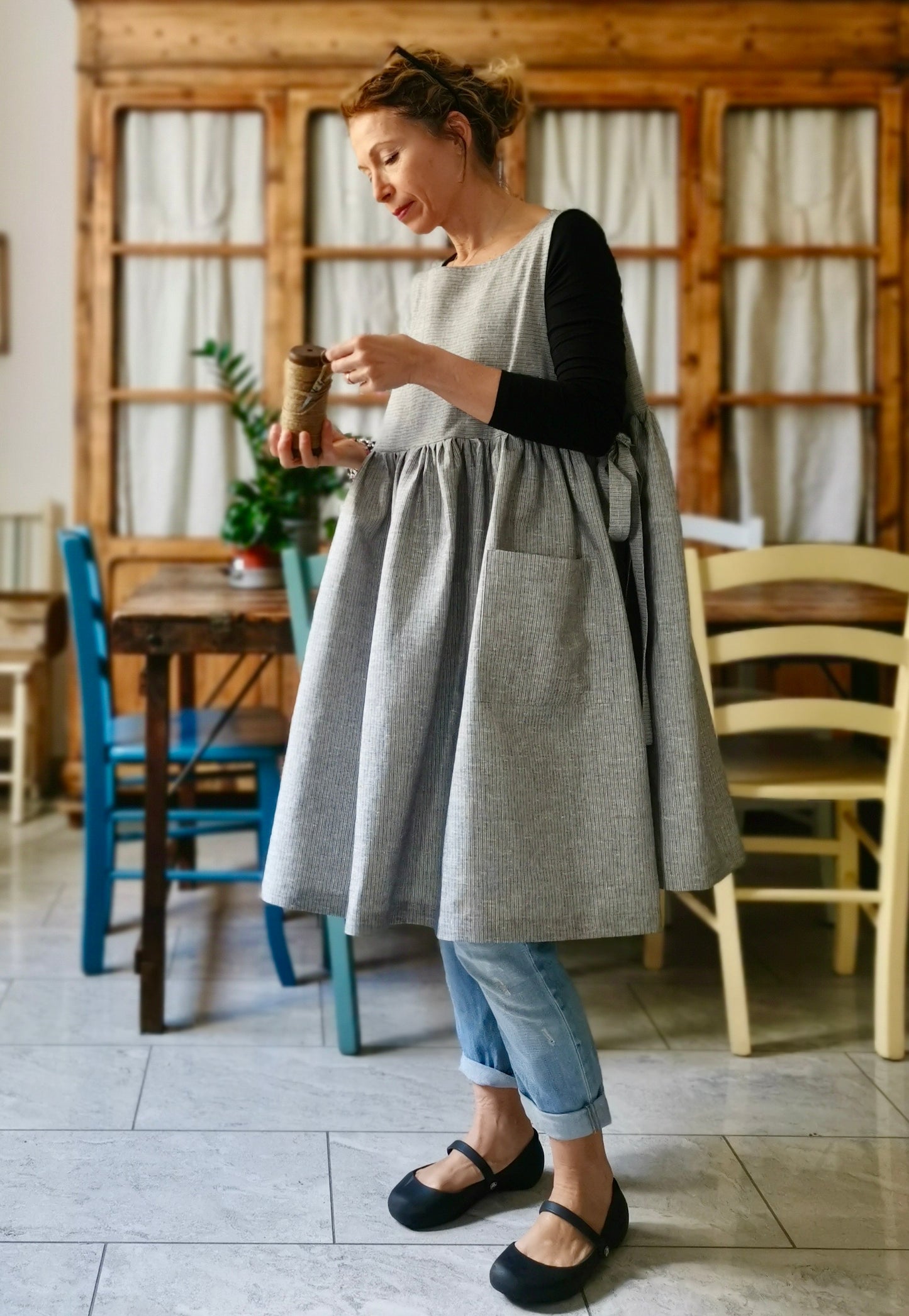 Réservé à Stéphanie PRÉCOMMANDE Tablier de cuisine en lin rayé gris et bleu pour femme