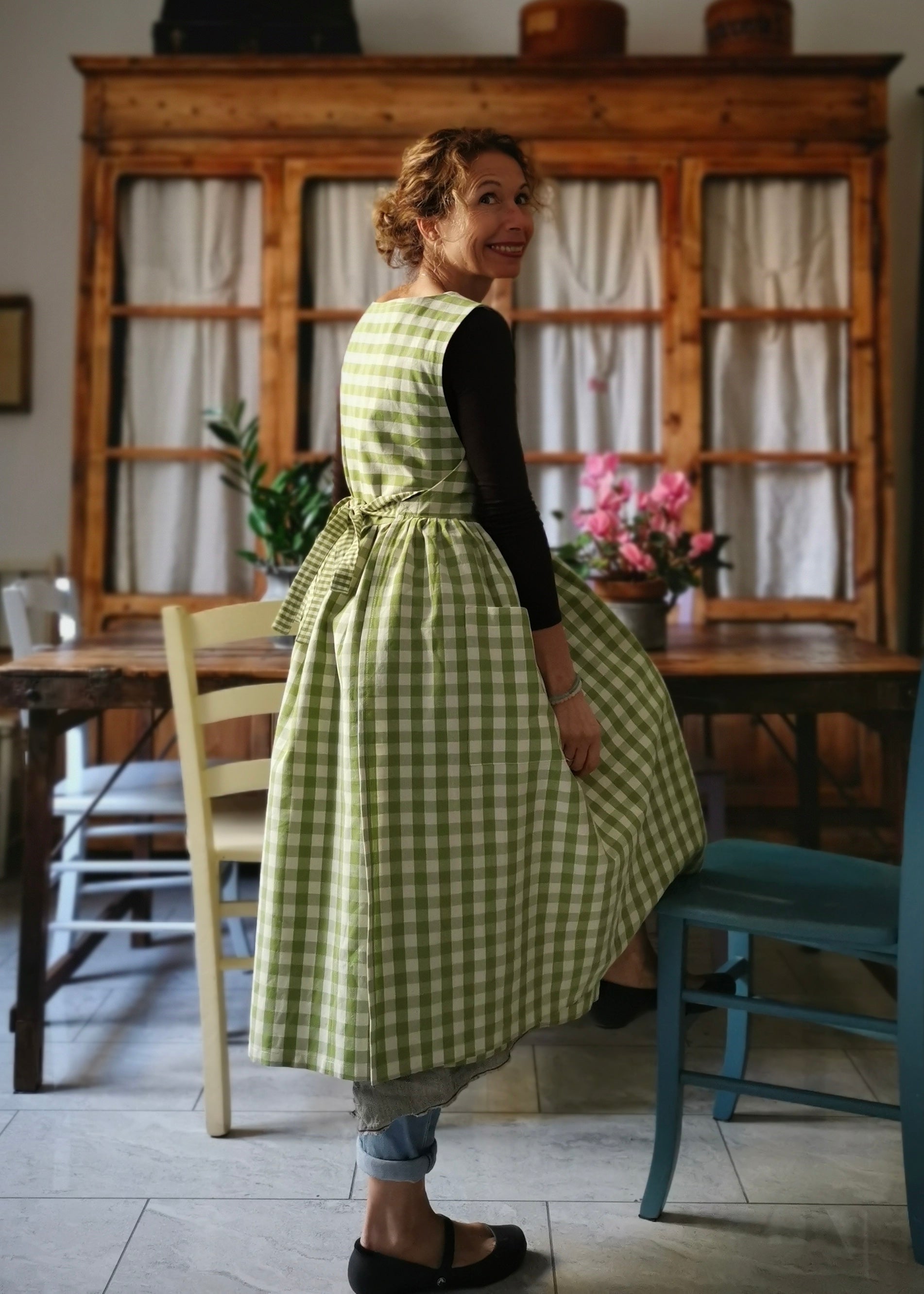 Grembiule da cucina per donna in cotone a quadri verde menta (Ref. 47)
