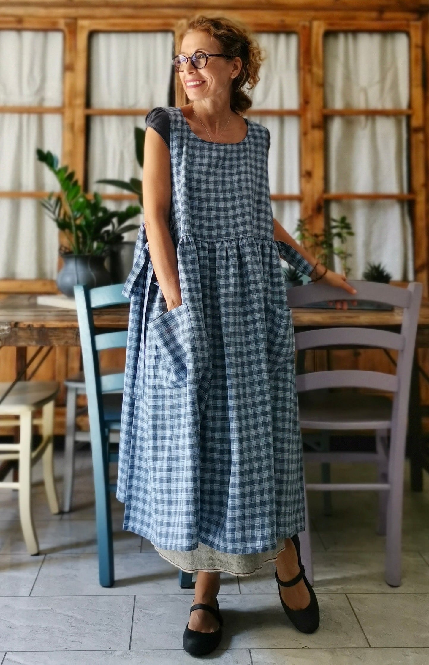 Sky blue and gray tartan linen kitchen apron