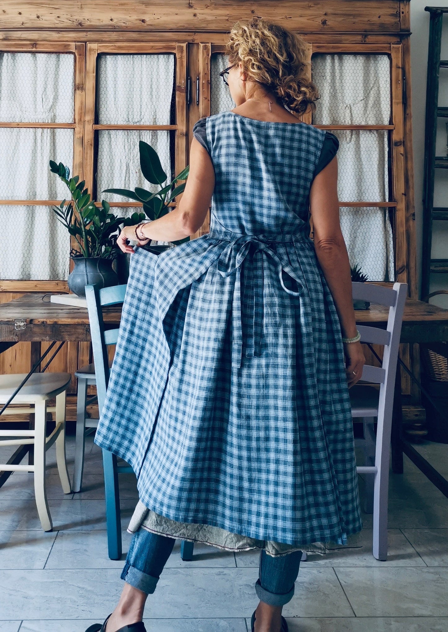 Sky blue and gray tartan linen kitchen apron