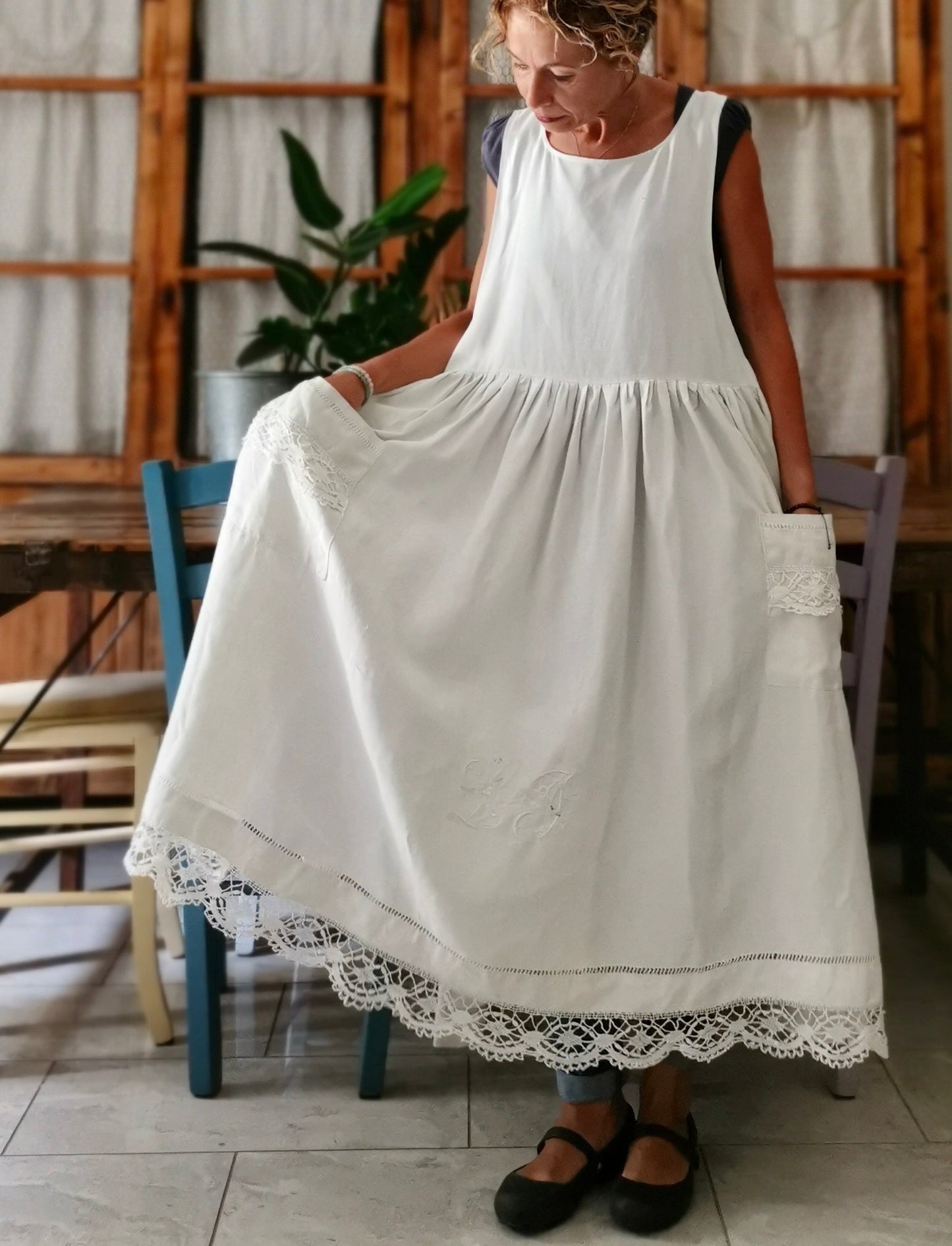 Antique linen apron with lace and monogram