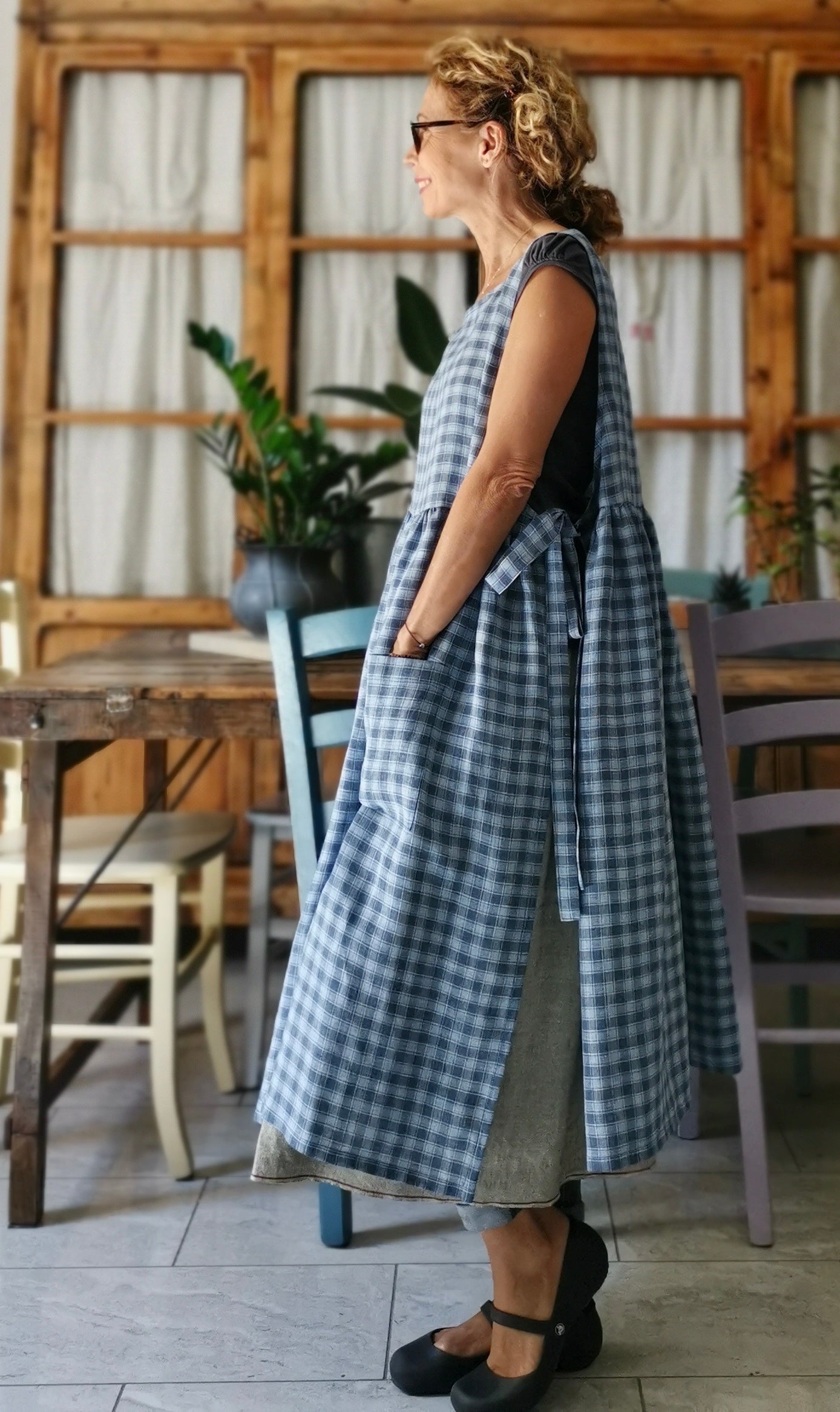 Sky blue and gray tartan linen kitchen apron