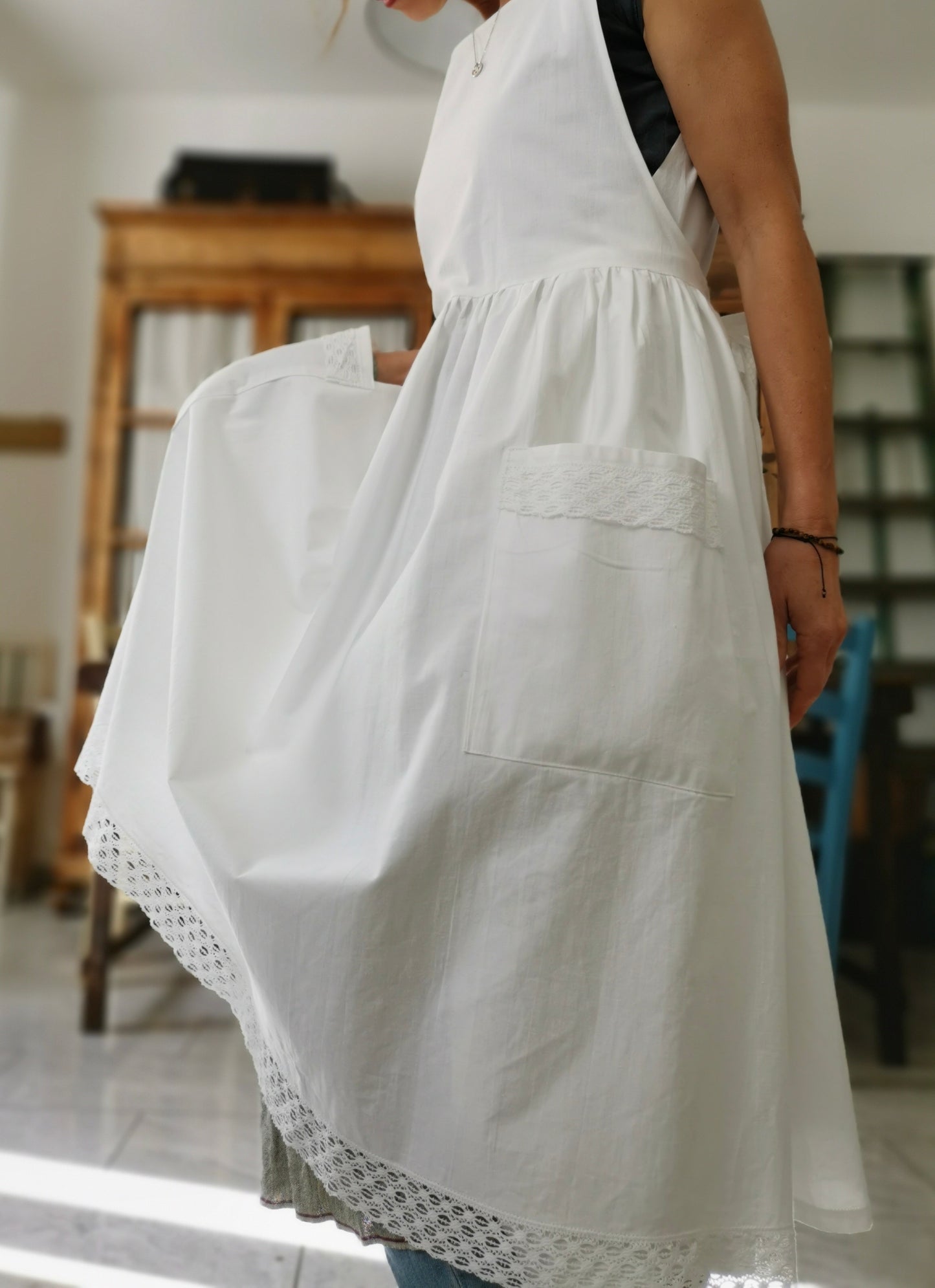 Embroidered kitchen apron - kitchen dress with lace