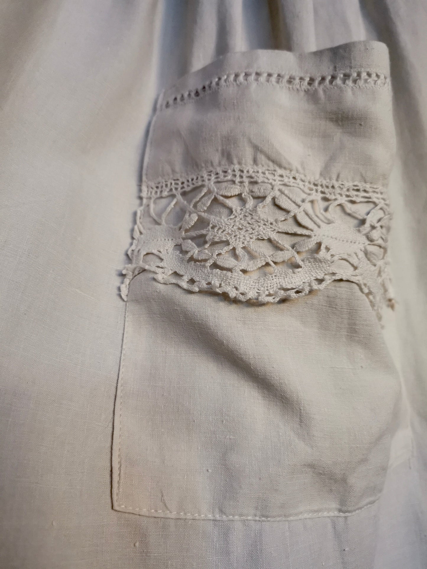 Antique linen apron with lace and monogram