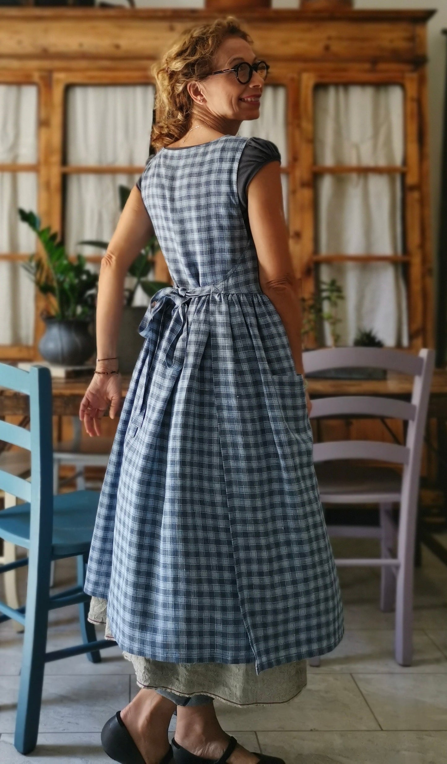 Sky blue and gray tartan linen kitchen apron