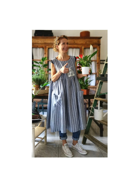 Gray striped linen kitchen apron for women