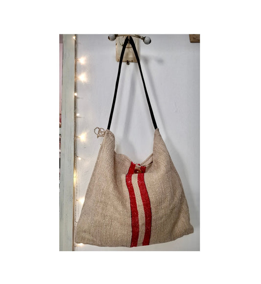 Unisex bag with shoulder strap made of ancient fabric for grain sacks - shopper - beach bag