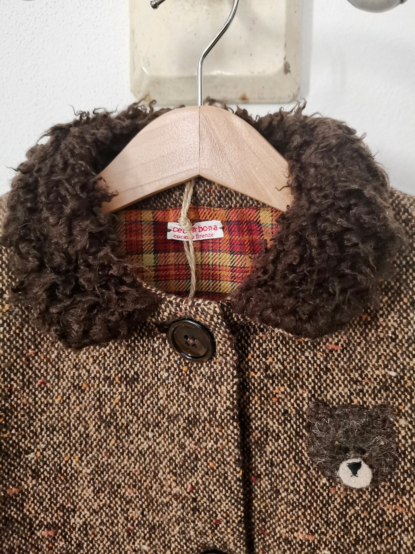 Cappotto in lana tweed per bambina con orsetto - cappottino marrone per bimba - cappotto retrò marrone in lana