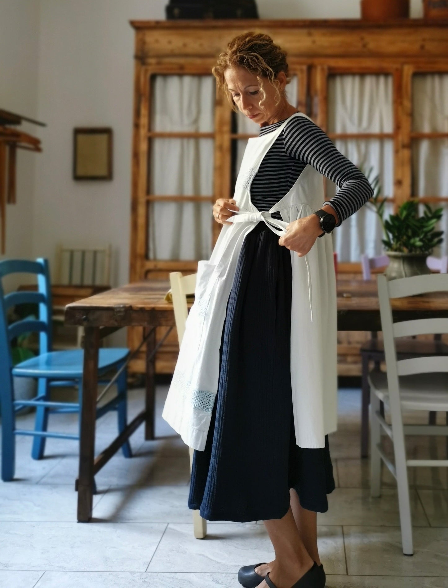 Réservé à Carla Jupe en mousseline de coton bleu avec taille élastique et poches