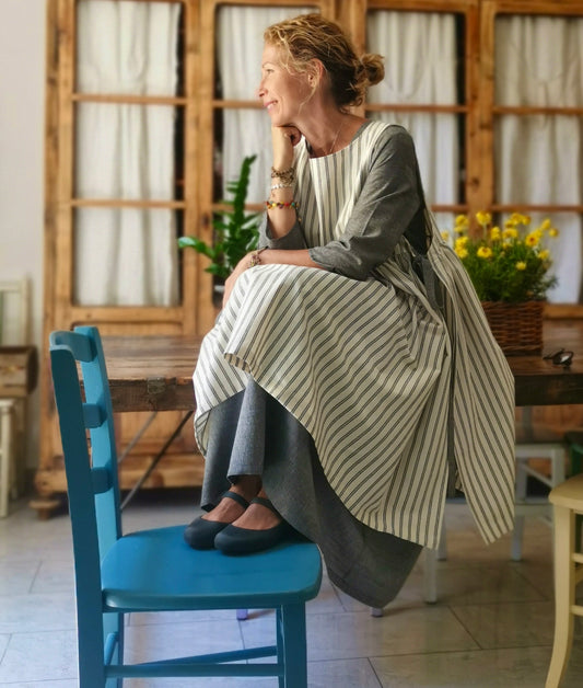 Women's kitchen apron in cream linen with gray stripes