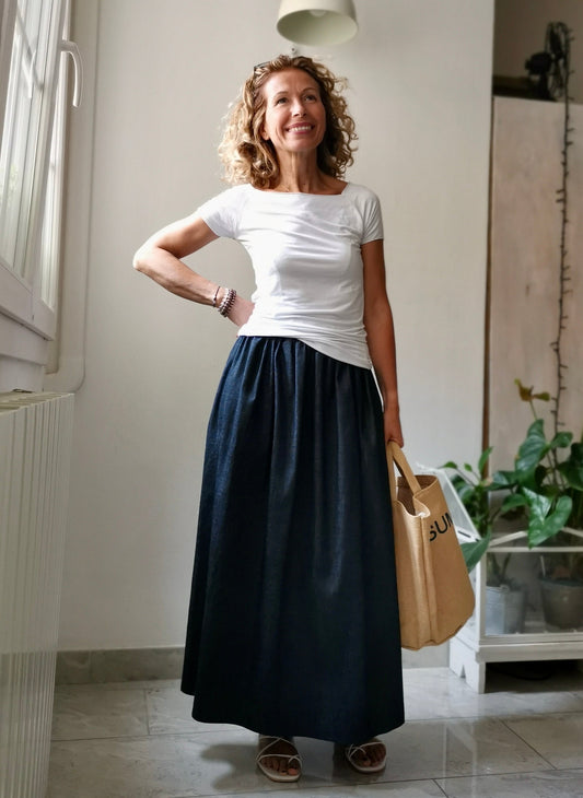 Long denim cotton skirt with elastic waistband