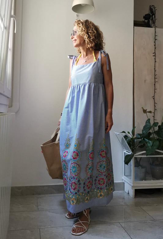 Long empire style dress with light blue striped cotton straps - light dress with embroidery - ankle length sundress - maternity dress